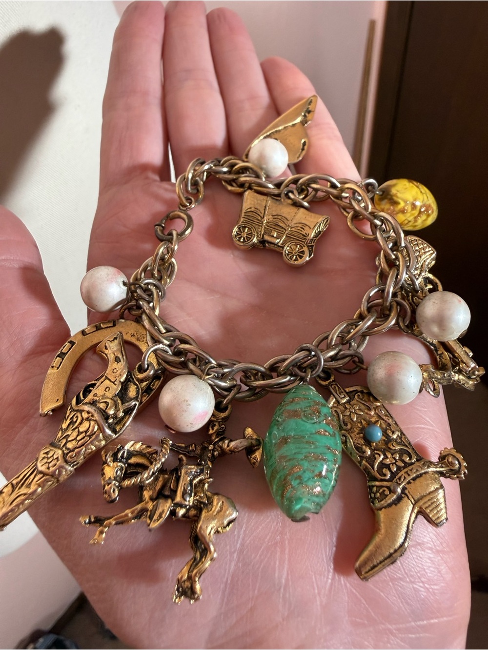 Vintage 1950’s Western old west Themed loaded Charm bracelet pearls Murano glass